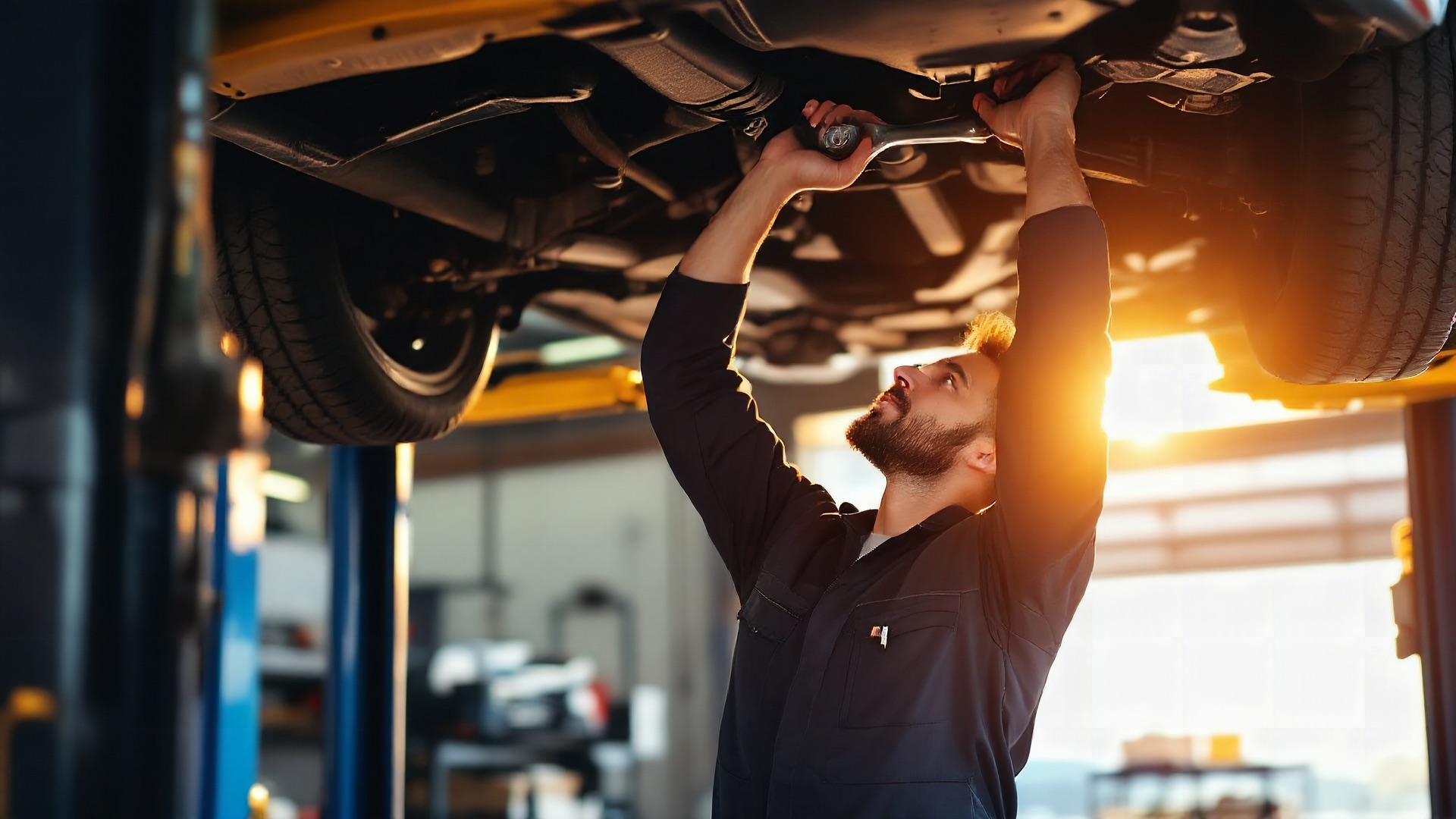 Auto mechanic beneath a car on a lift, turning a wrench overhead on the undercarriage in a sunlit shop bay