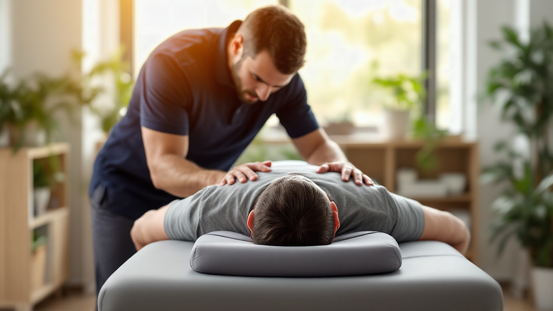 Chiropractor in a navy polo standing beside the treatment table, leaning over with both hands on the upper back of a patient lying face down in a bright, plant-filled clinic