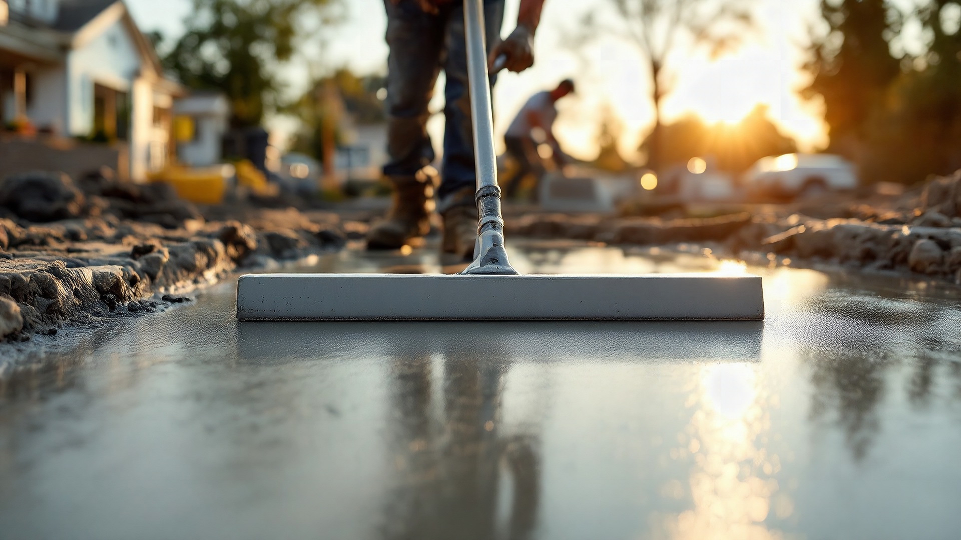 Bull float smoothing freshly poured concrete, the finisher guiding its long handle at golden hour