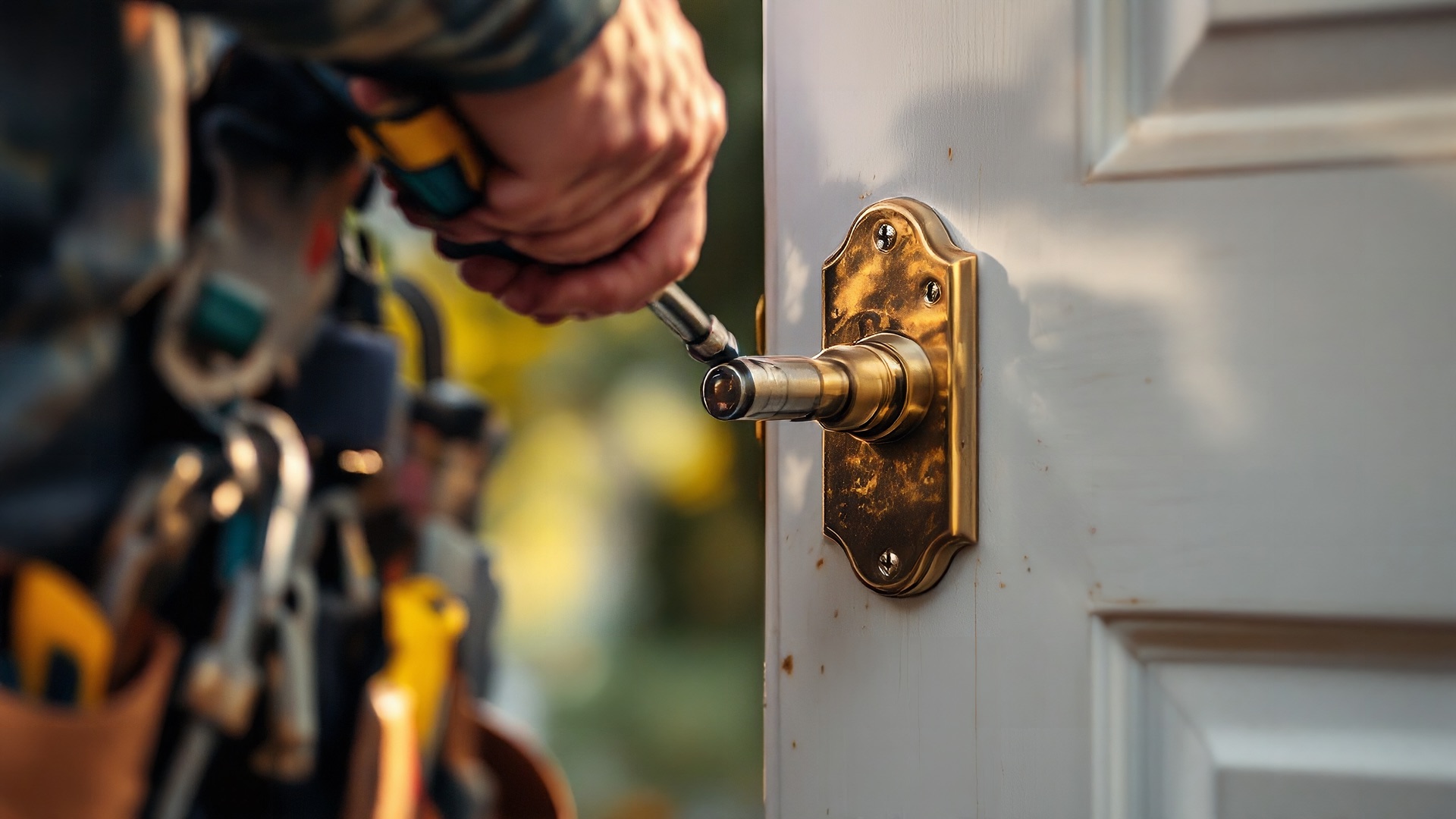 Locksmith fitting a brass deadbolt cylinder into a white front door with a screwdriver, tool belt in view