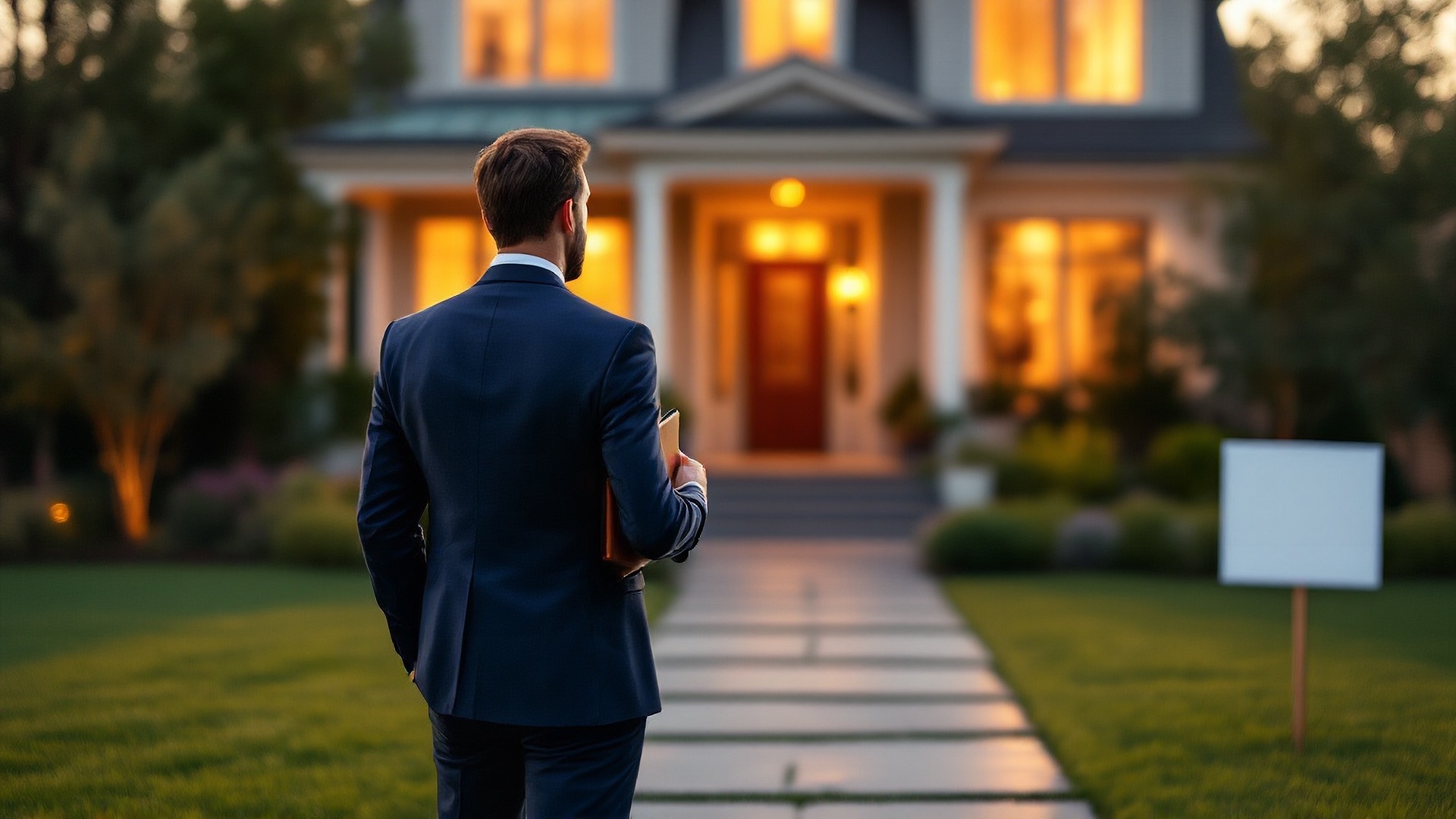 Real estate agent in a navy blazer seen from behind, standing on the front walkway of a warmly lit suburban home at golden hour with a yard sign on the lawn