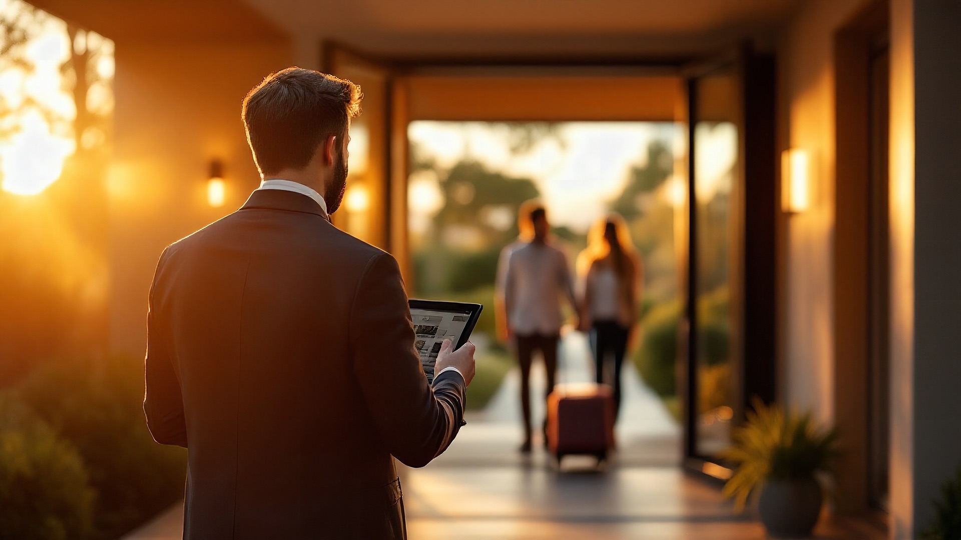 Property manager with a tablet, seen from behind, welcoming a couple arriving with a rolling suitcase at the front door of a modern vacation home at golden hour